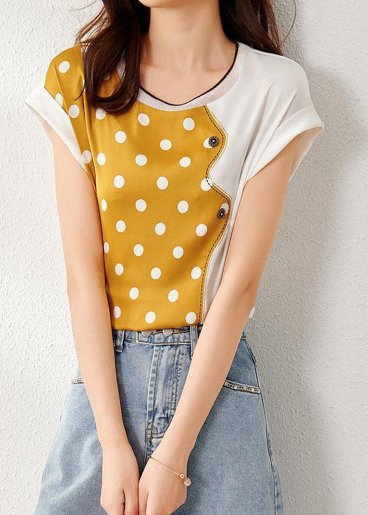Yellow O Neck Patchwork Print Silk Top Summer