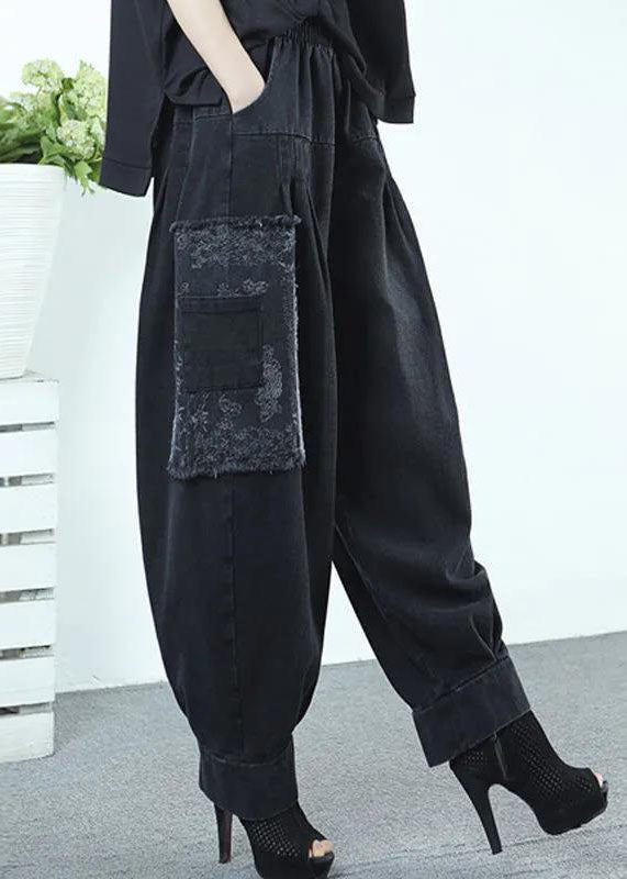 Black High Waist Pockets Wrinkled Patchwork Applique Cotton Harem Pants Fall