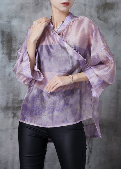 Purple Print Low High Design Silk Blouses Summer