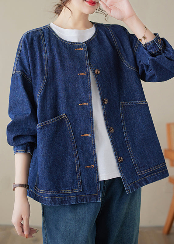 Loose Blue O-neck Pockets Patchwork Denim Coats Long Sleeve Spring