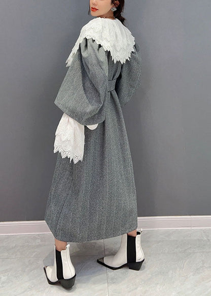 Grey Oversized Woolen Cinch Dress Two Pieces Set Spring