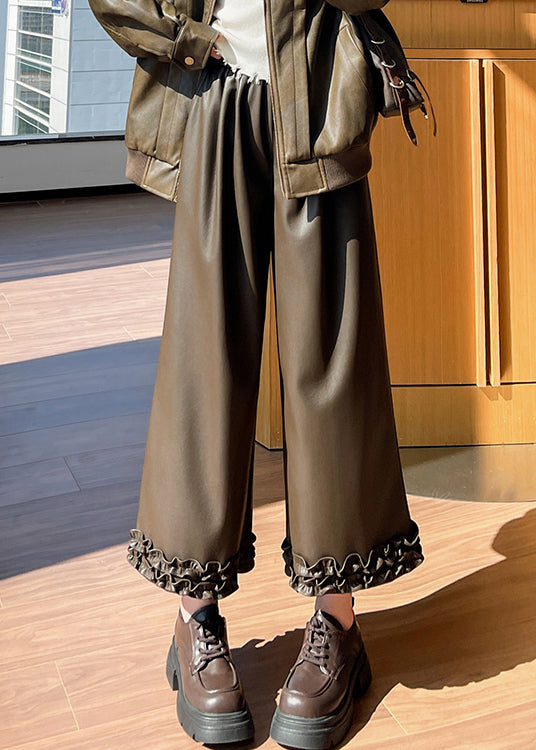 Fine Coffee Ruffled Pockets Elastic Waist Faux Leather Crop Pants Spring