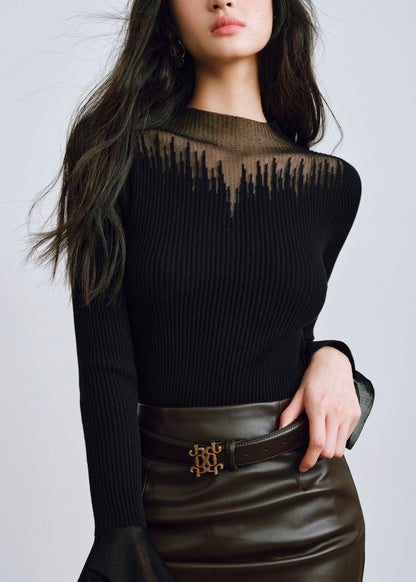 Black O-neck Tulle Patchwork Knitting Cotton Tops Fall