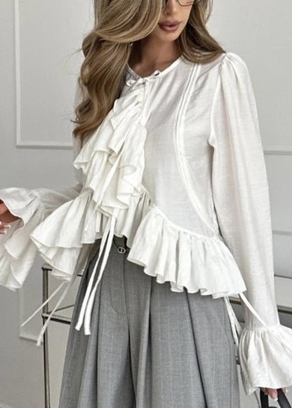 White Ruffles Cotton Shirts Flare Sleeve