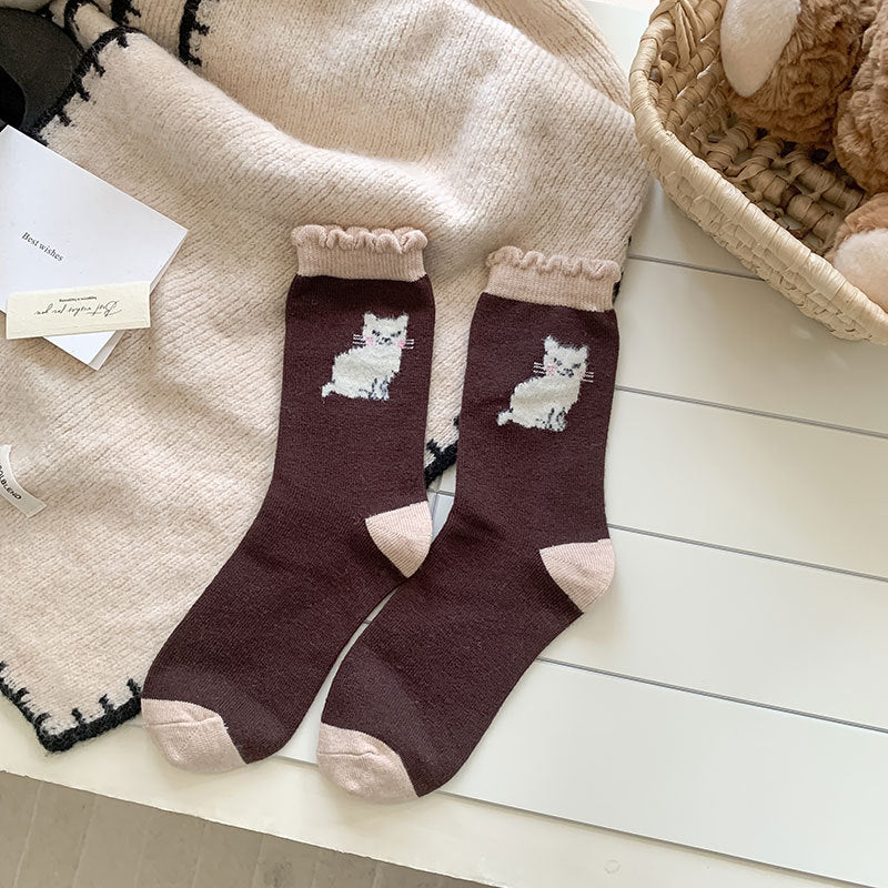 Comstylish Cute Cat Pattern Wool Mid-calf Socks