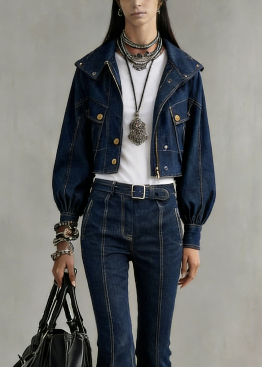 Stylish Denim Blue Peter Pan Collar Button Coats and Flared Jeans Spring