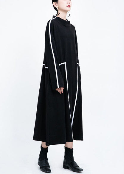 French Black Retro Patchwork Fall Long Dresses Long Sleeve