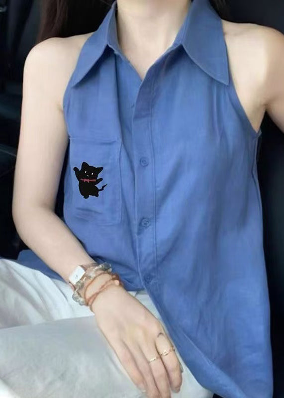 Blue Peter Pan Collar Button Cotton Shirt Tops Sleeveless