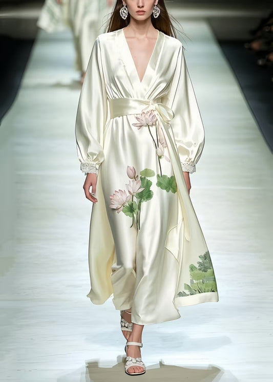 Milk White Tunic Lotus Flower Print Silk Dresses Spring
