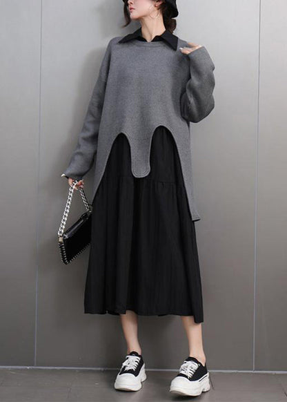 Black O-neck Asymmetrical Cotton Knitted Sweaters Fall
