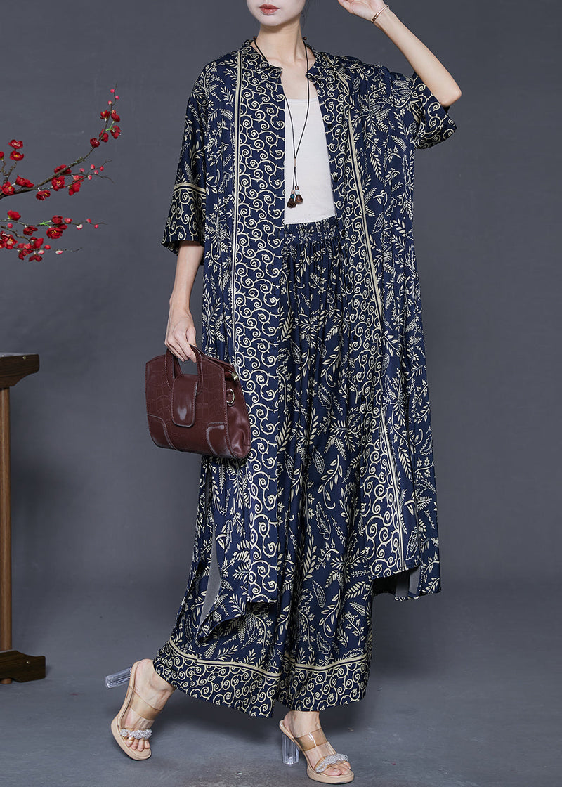Navy Print Silk Two Piece Set Clothing Oversized Summer