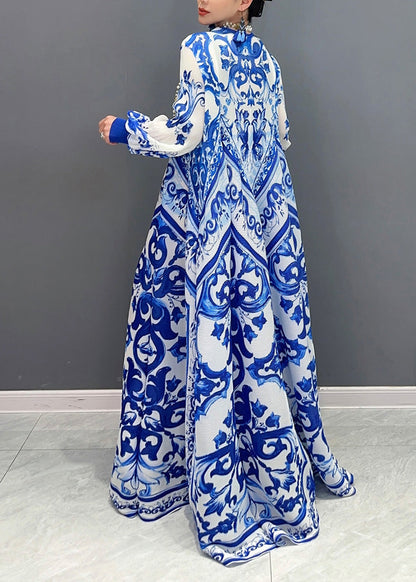 Fall New Blue and White Porcelain Print Chiffon Pleated Long Dress