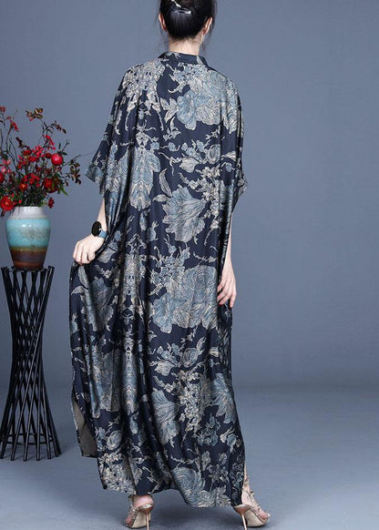 Comfy Black Print Summer Silk Side Open Dress
