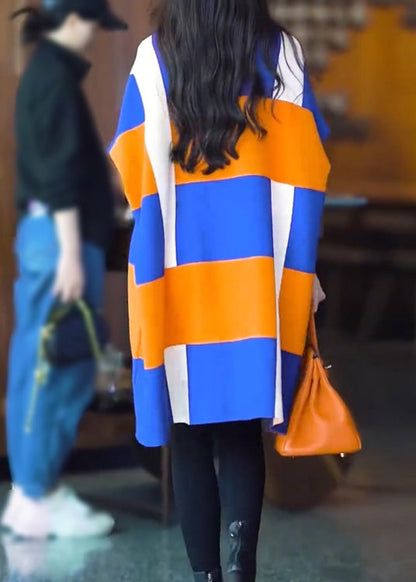 Stylish Colorblock Hign Neck Woolen Knit Dress Batwing Sleeve Spring