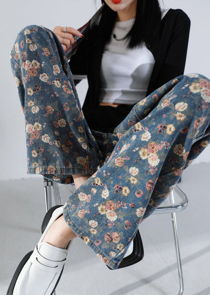 Navy Oversized Print Warm Fleece Denim Straight Pants Spring