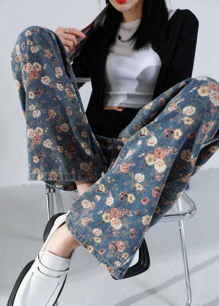 Navy Oversized Print Warm Fleece Denim Straight Pants Spring