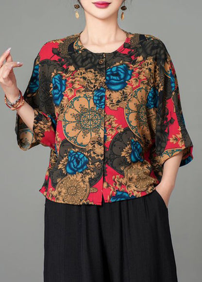 Blue Button Print Cotton Blouse Bracelet Sleeve