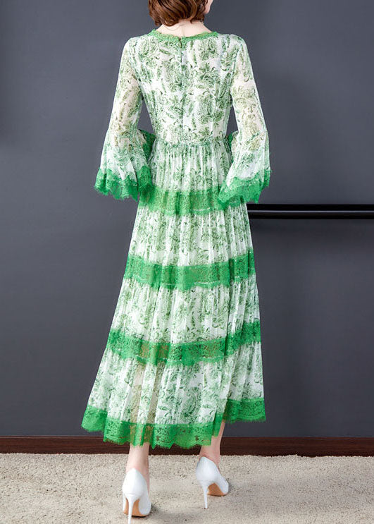 Unique Green V Neck Print Lace Dress Spring