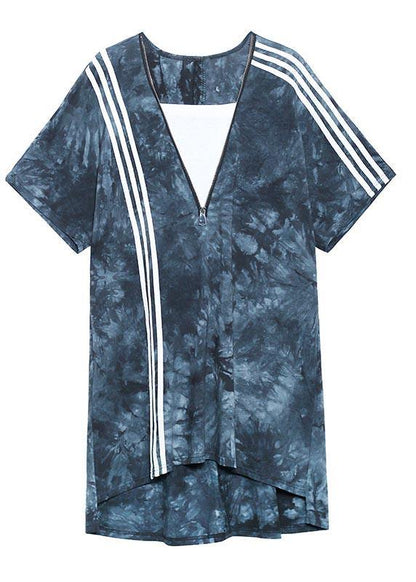 Comfy Tie Dye Blue Zippered V Neck Dresses Summer