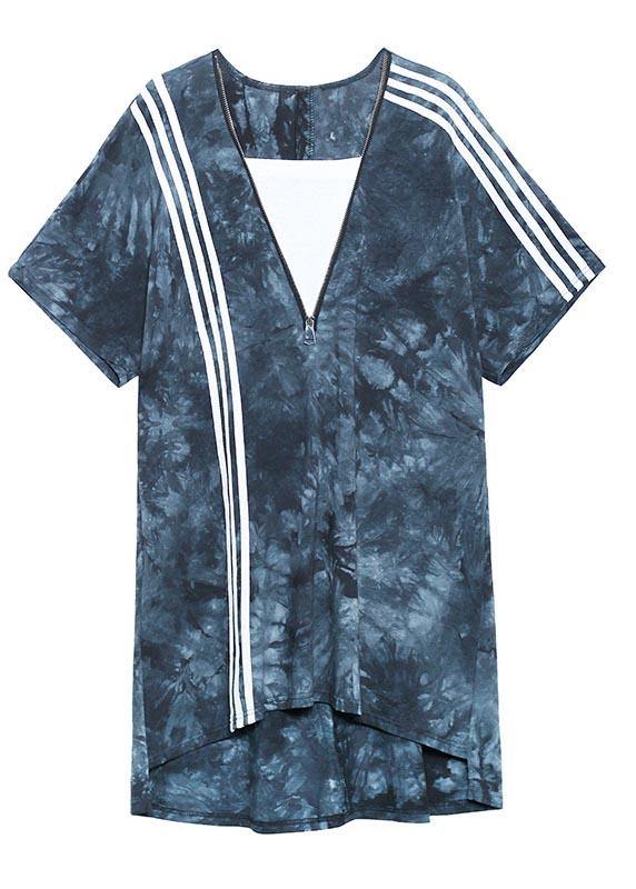 Comfy Tie Dye Blue Zippered V Neck Dresses Summer