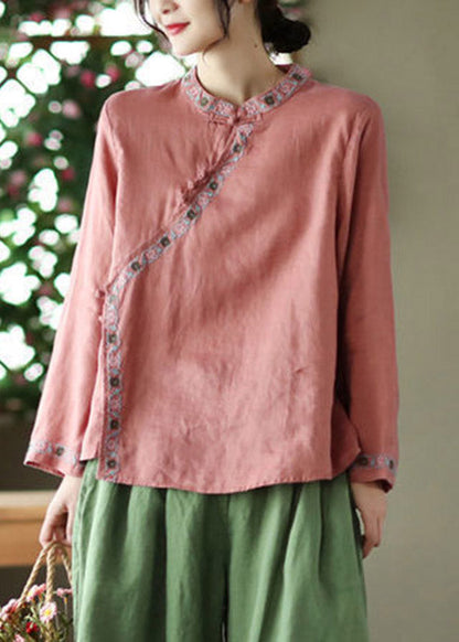 Watermelon Red Embroideried Linen Shirt Long Sleeve