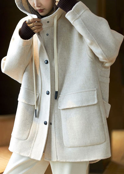 Beige Hooded Pockets Patchwork Wool Coat Spring
