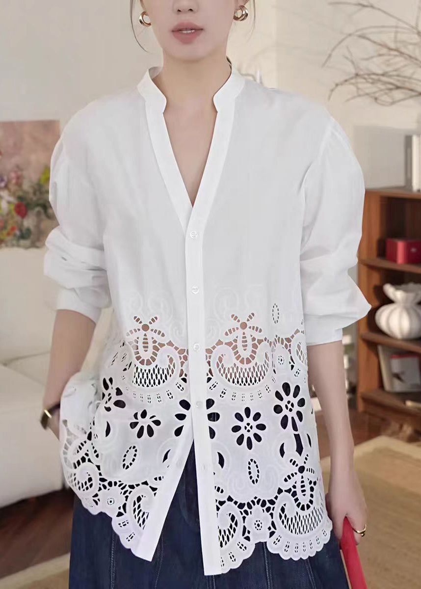 White V Neck Hollow Out Cotton Blouse Tops Fall