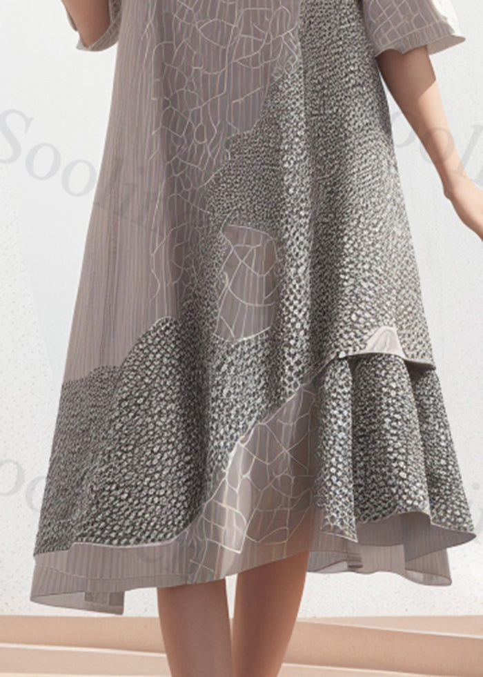 Grey Asymmetrical Print Silk Dress Summer