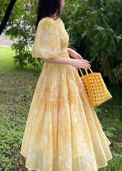 Yellow V Neck Print Chiffon Long Dress Summer