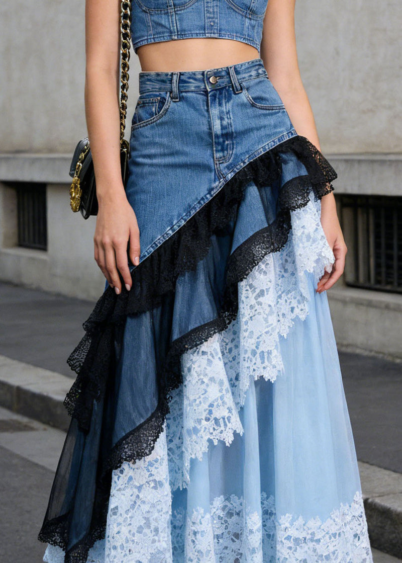 Blue Asymmetrical Lace Patchwork Denim Skirts Summer