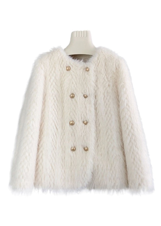 Beige O Neck Double Breast Mink Cashmere Coats Winter