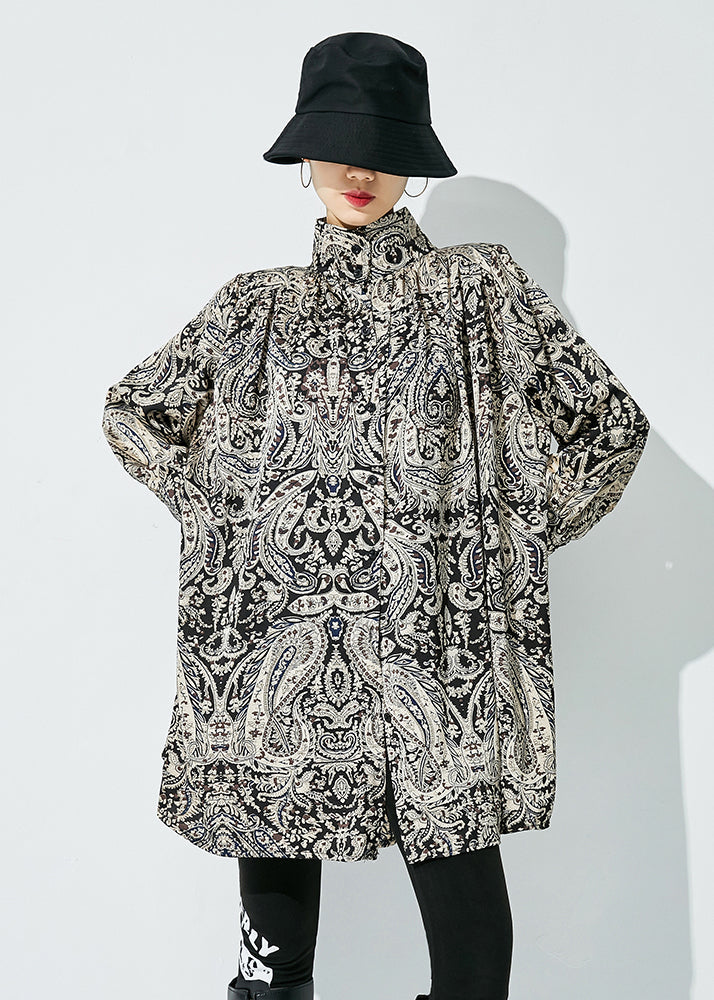 Black Stand Collar Print Chiffon Shirts Spring