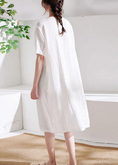 Diy White V Neck Lantern Sleeve Summer Linen Maxi Dress Half Sleeve