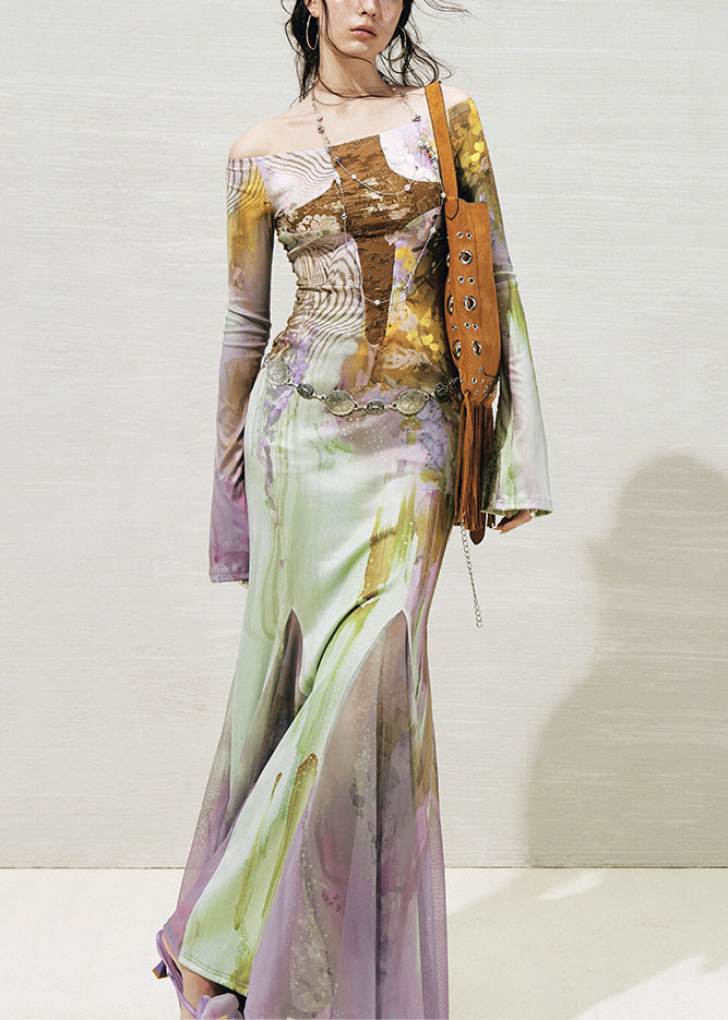 Slash Neck Print Tulle Patchwork Long Dresses Fall