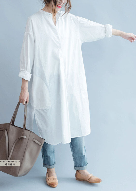 Fine White Pockets Button Side Open Fall Shirt Long Sleeve
