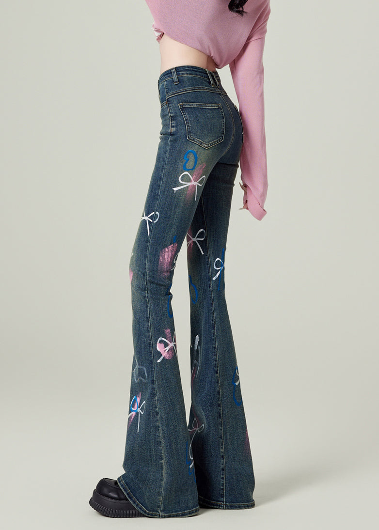 Blue Pockets Bow Print Denim Flared Trousers Spring