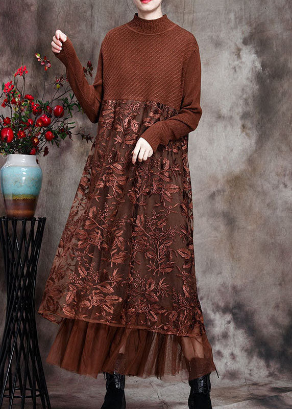 Chocolate O-neck Embroideried Patchwork Fall Long Knit Dress