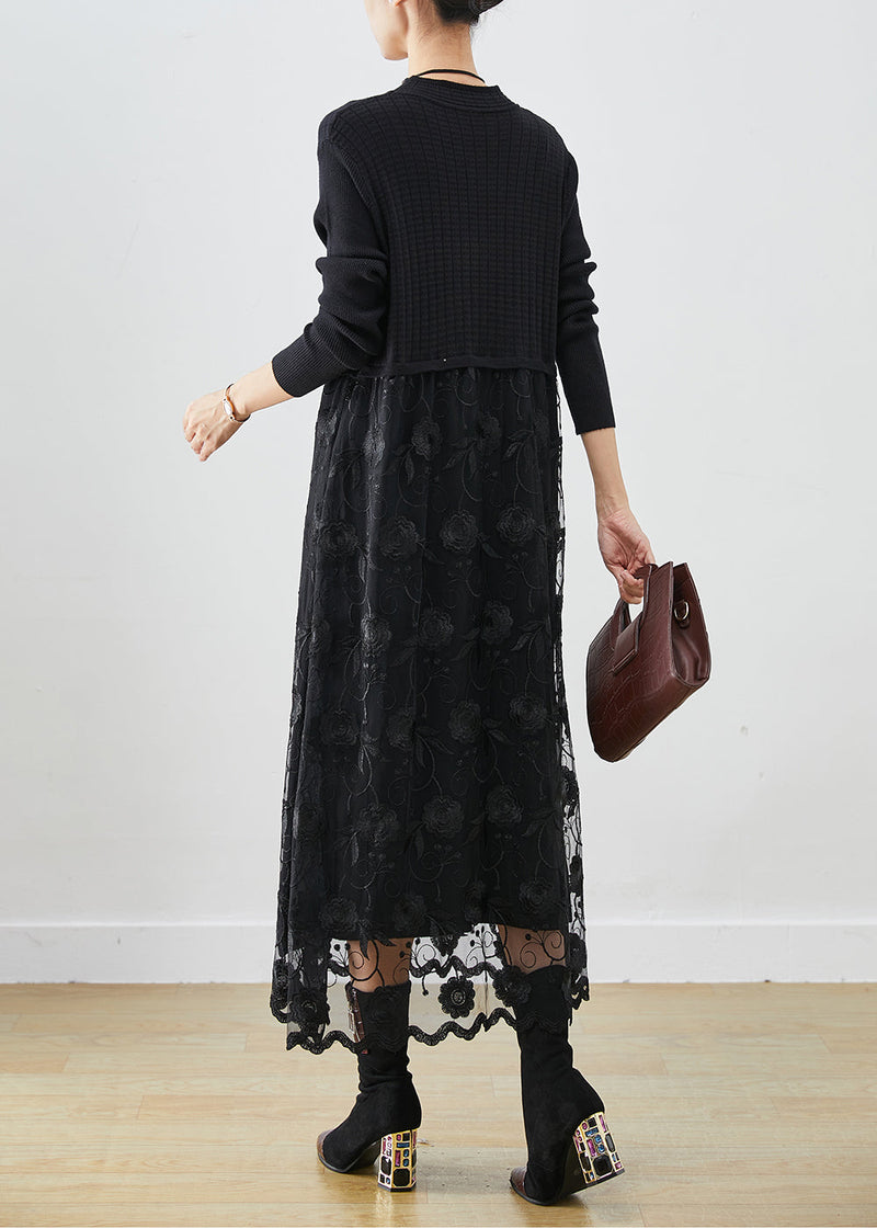 Black Patchwork Tulle Knit Holiday Dress Embroideried Fall
