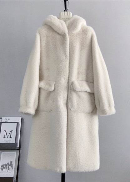 Pink Hooded Pockets Mink Cashmere Coats Winter