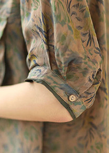 Green Peter Pan Collar Print Pocket Linen Shirt Top Short Sleeve