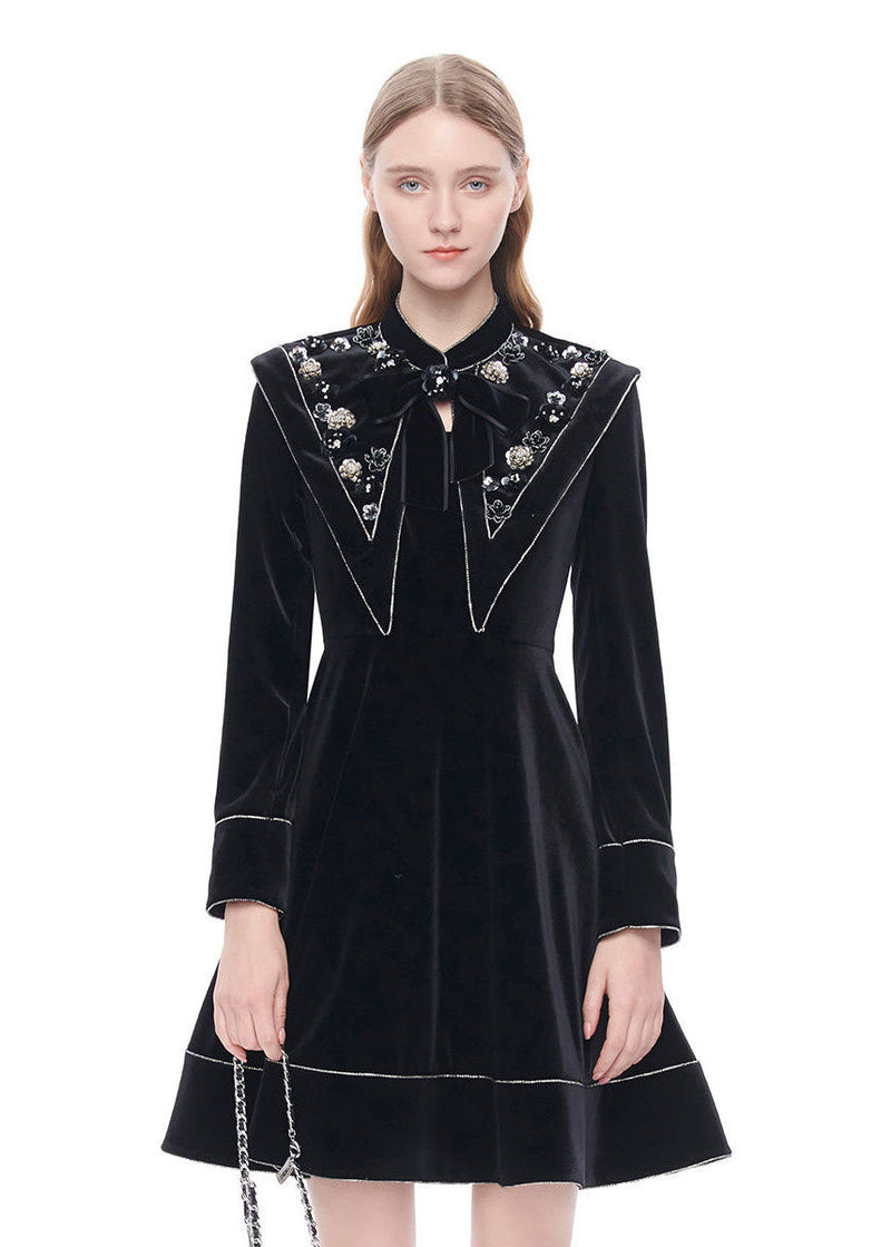 French Black Stand Collar Nail Bead Zircon Velour Dress Spring