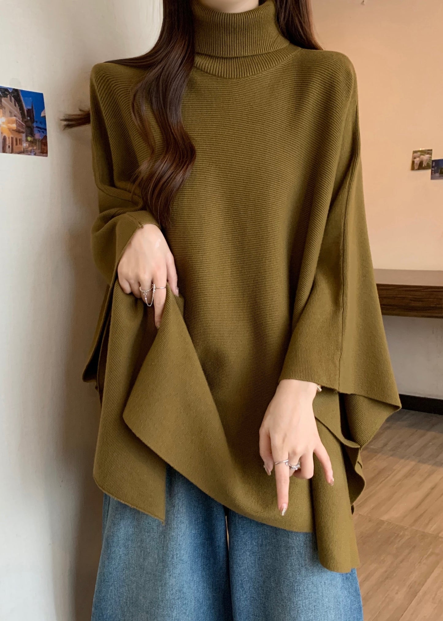 Mustard Yellow Turtleneck Asymmetrical Cozy Cotton Knit Sweaters Spring