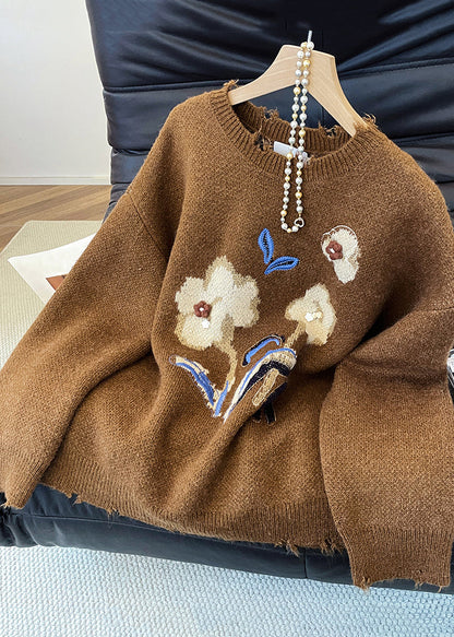 Jacquard Brown Hole Cozy Knit Sweater Spring