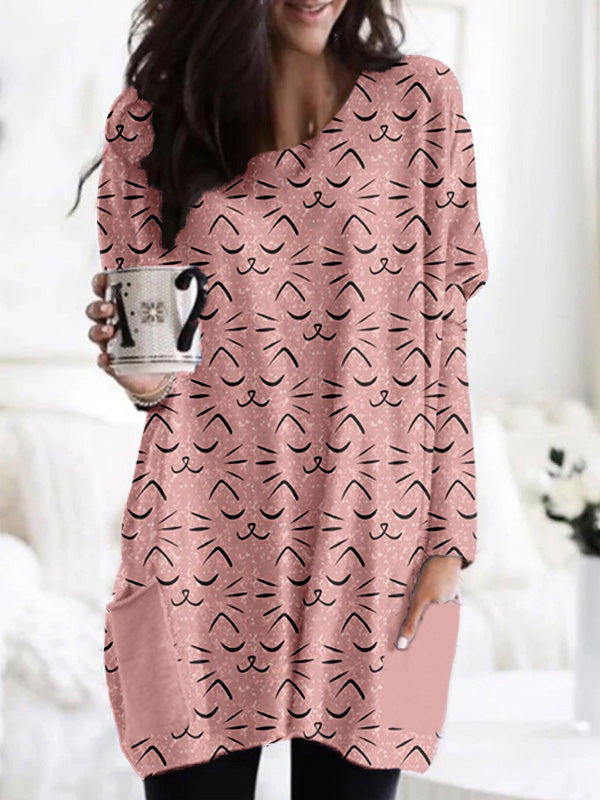 Cute Cat Faces Pattern Patch Pocket Comfy Tunic elevenforest