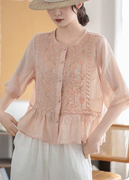 Fine Pink Embroidered Linen Blouses Half Sleeve
