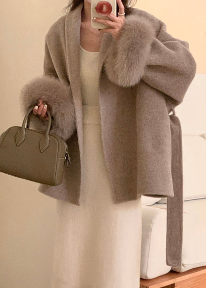 Style Grey Peter Pan Collar Faux Fur Patchwork Woolen Coat Winter
