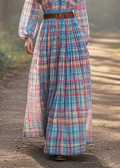Rainbow Cinched Plaid Cotton Dresses Spring