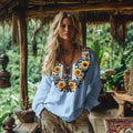 Comstylish Sunflowers Embroidered Linen Blend Shirt
