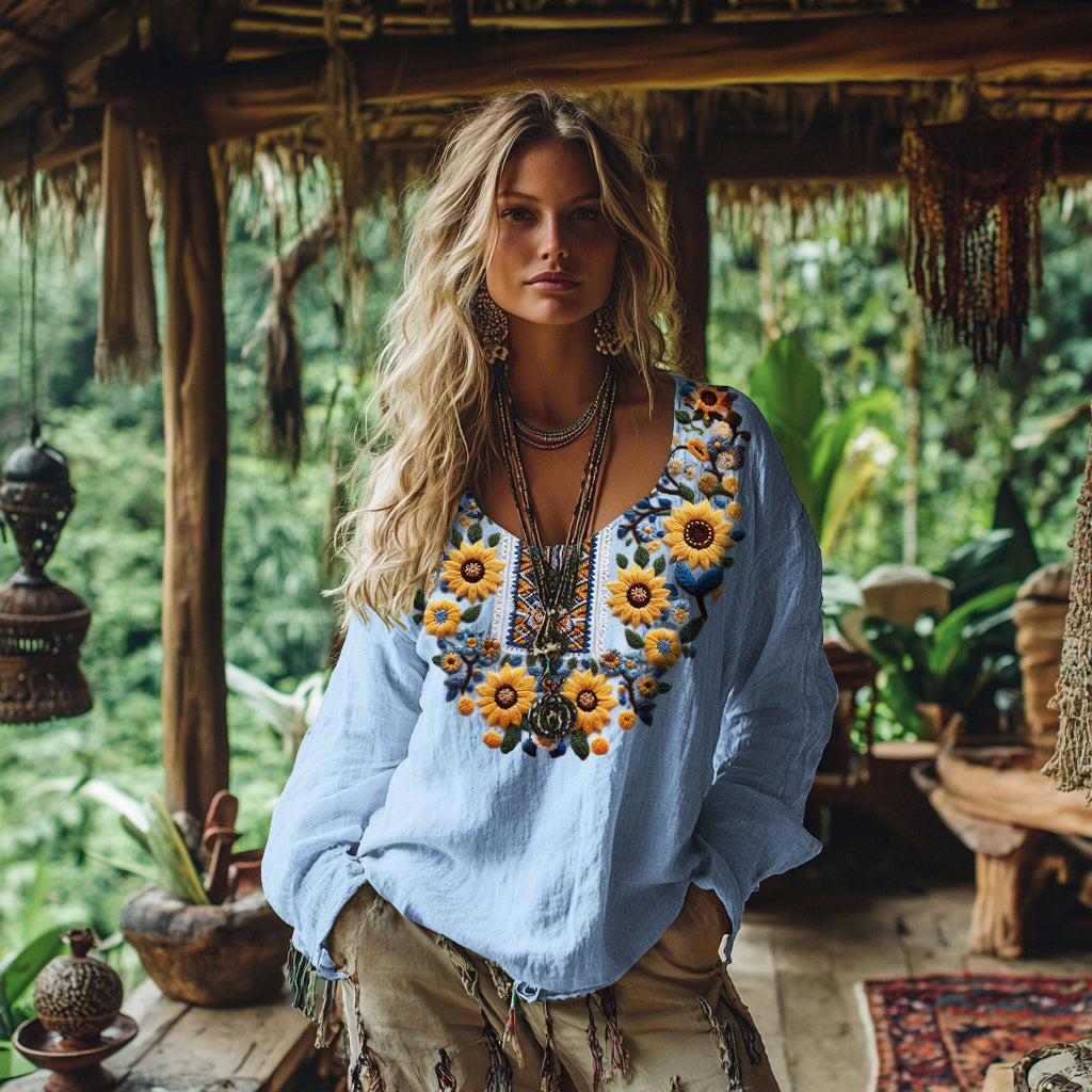 Sunflowers Embroidered Linen Blend Shirt artswardrobe