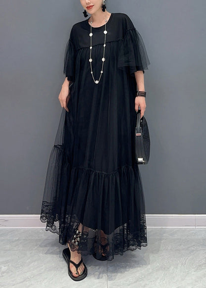 Black O Neck Wrinkled Patchwork Tulle Dress Summer